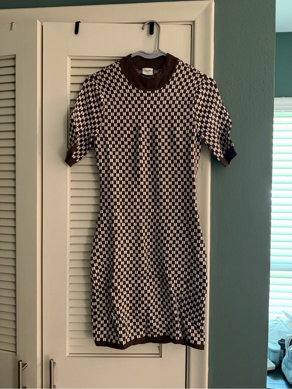 Abercrombie & Fitch Brown and Cream Checker Knit Short-Sleeve Dress
